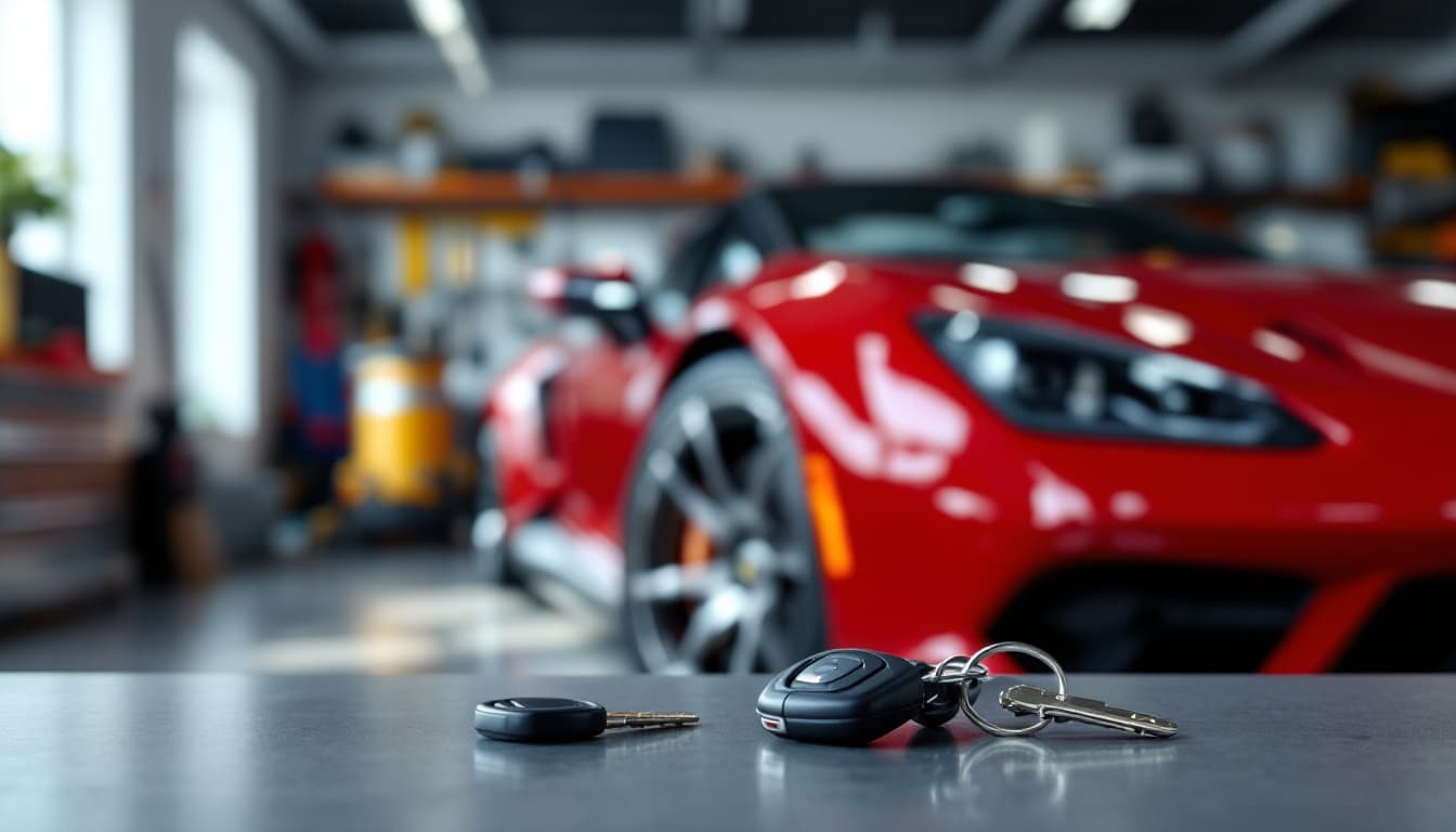 Red sports coupe in a clean home garage with a spare car key on a workbench in the foreground