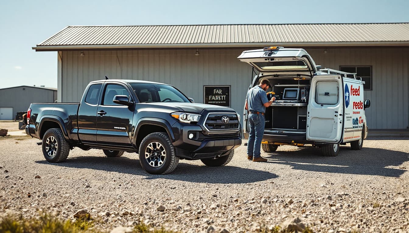 Compact pickup truck at a rural Texas lot with a technician cutting a laser key on a van-mounted machine