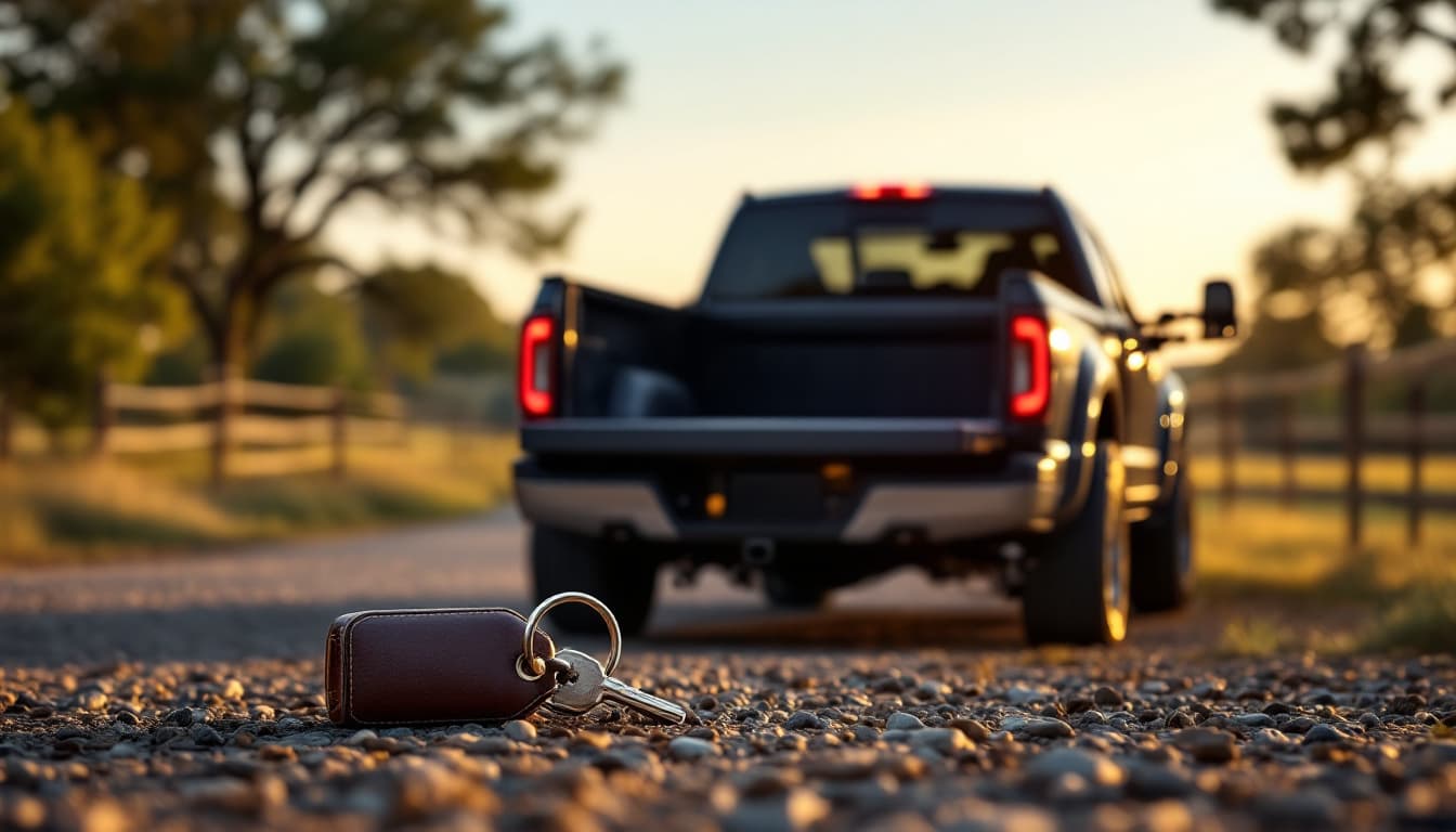 Heavy duty pickup truck parked on a gravel ranch road at golden hour with a single key on a leather fob in the foreground