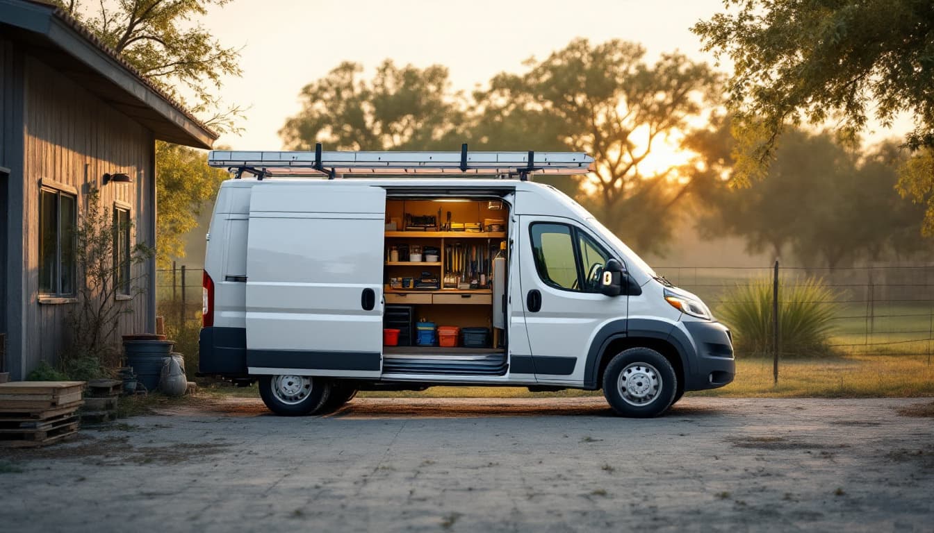 White high-roof cargo van parked at a Texas contractor yard with the driver door open and tools visible inside