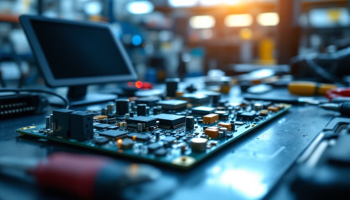 Automotive transmission control module circuit board on a technician workbench beside a diagnostic tablet