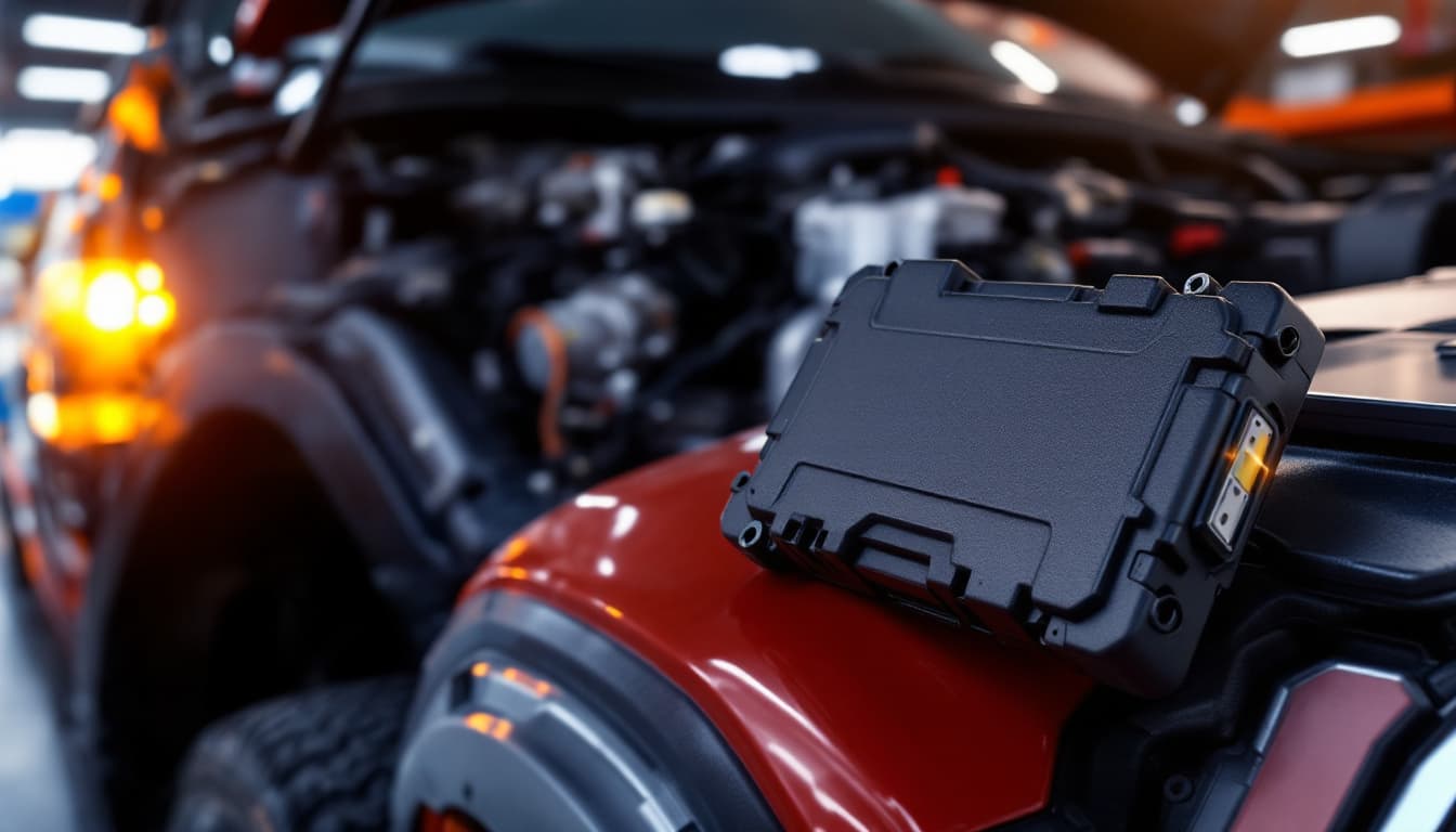 Engine control module removed and sitting on a fender cover next to a diagnostic tablet in an open engine bay