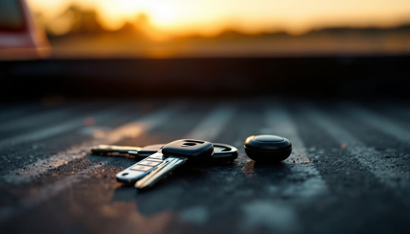 Car keys and a black proximity fob lying on a pickup truck bed at sunset