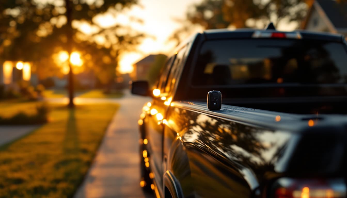 Full-size pickup truck parked in a suburban Texas driveway at golden hour with a black key fob resting on the tailgate