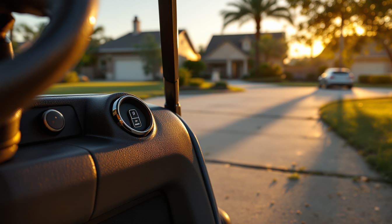 A golf cart parked on a Texas driveway at golden hour with the ignition key switch in focus