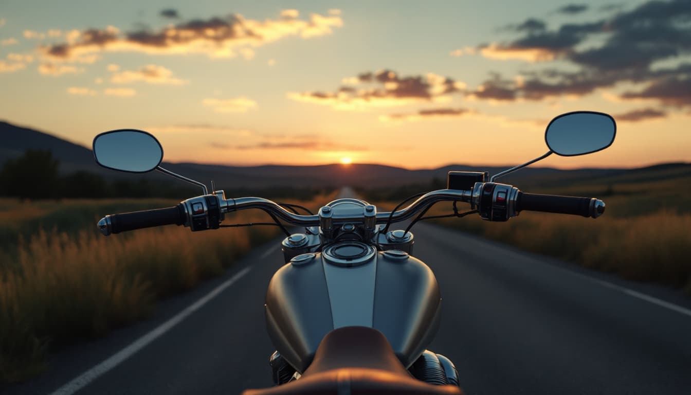 A parked touring motorcycle at dusk on a rural Texas road with the ignition area in focus
