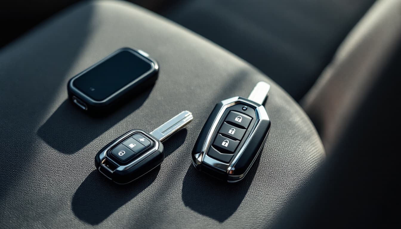 Honda and Acura key fobs on a car seat with a key programming device nearby