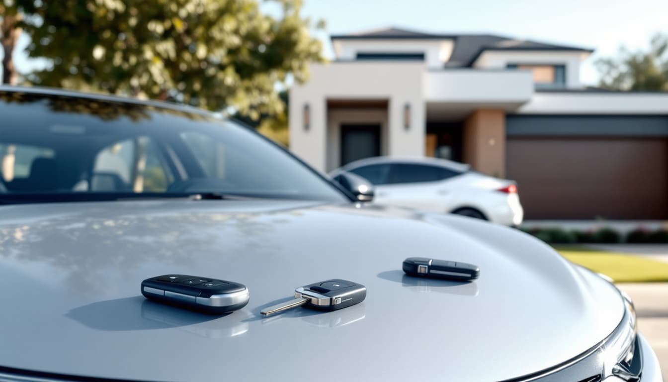 Silver compact hybrid sedan parked outside a modern Texas home with two smart key fobs resting on the hood