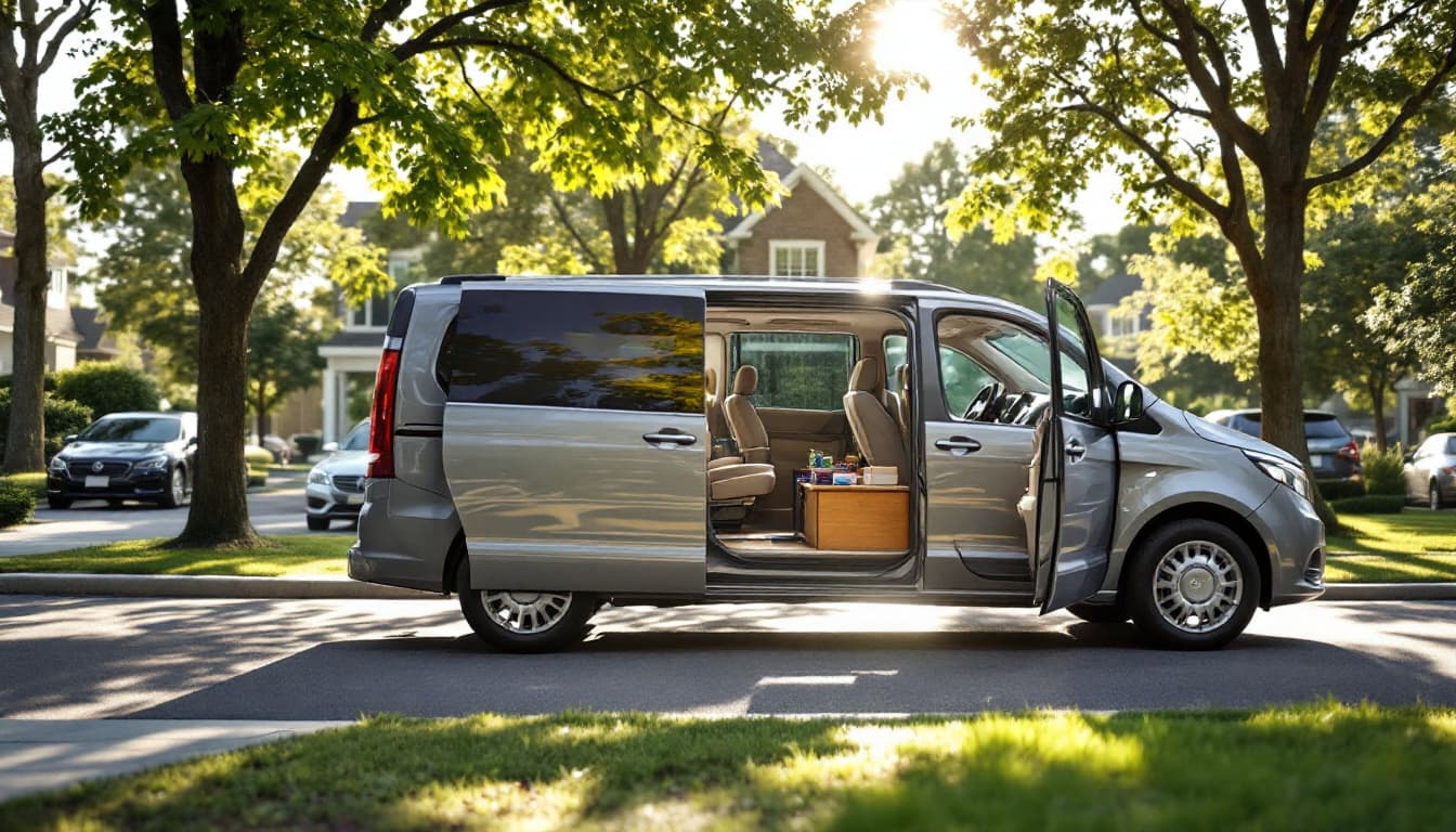 Family minivan parked in a shaded suburban driveway with the sliding door open on a summer afternoon