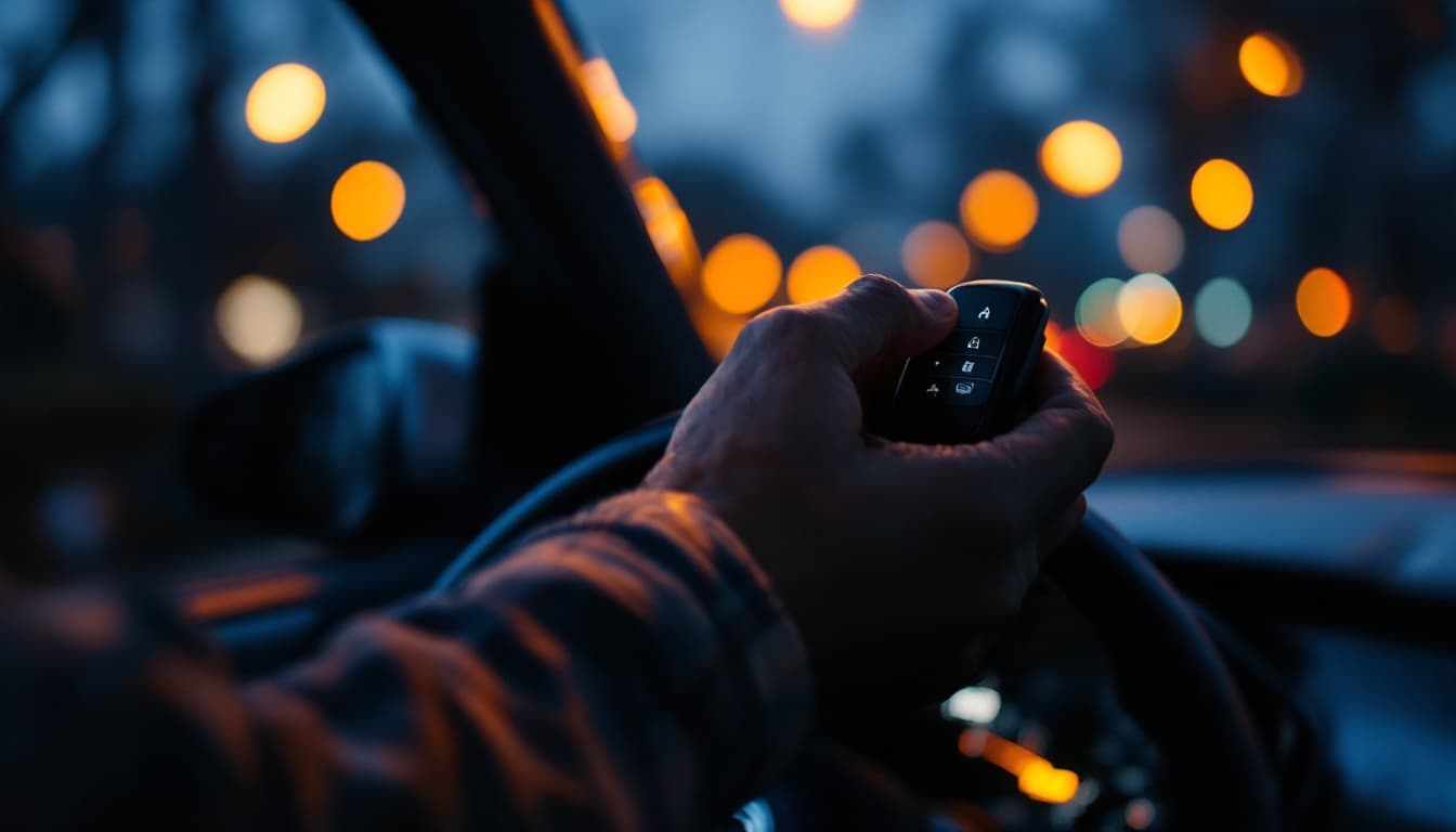Hand pressing buttons on a modern sedan key fob beside an open driver door in an evening parking lot