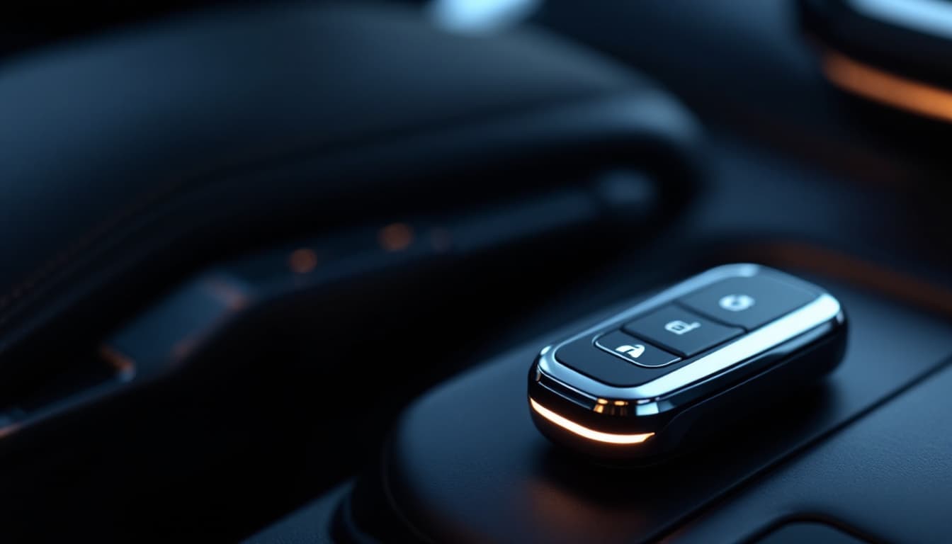 Hyundai smart key fob on a car dashboard beside a locksmith programming tool