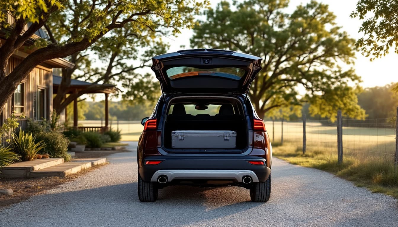 Compact SUV parked on a gravel driveway in rural North Texas with a mobile locksmith service van and an open equipment case nearby