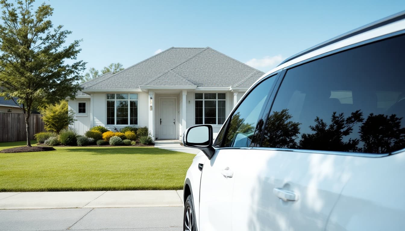 A modern white three-row family SUV parked in front of a suburban Texas home