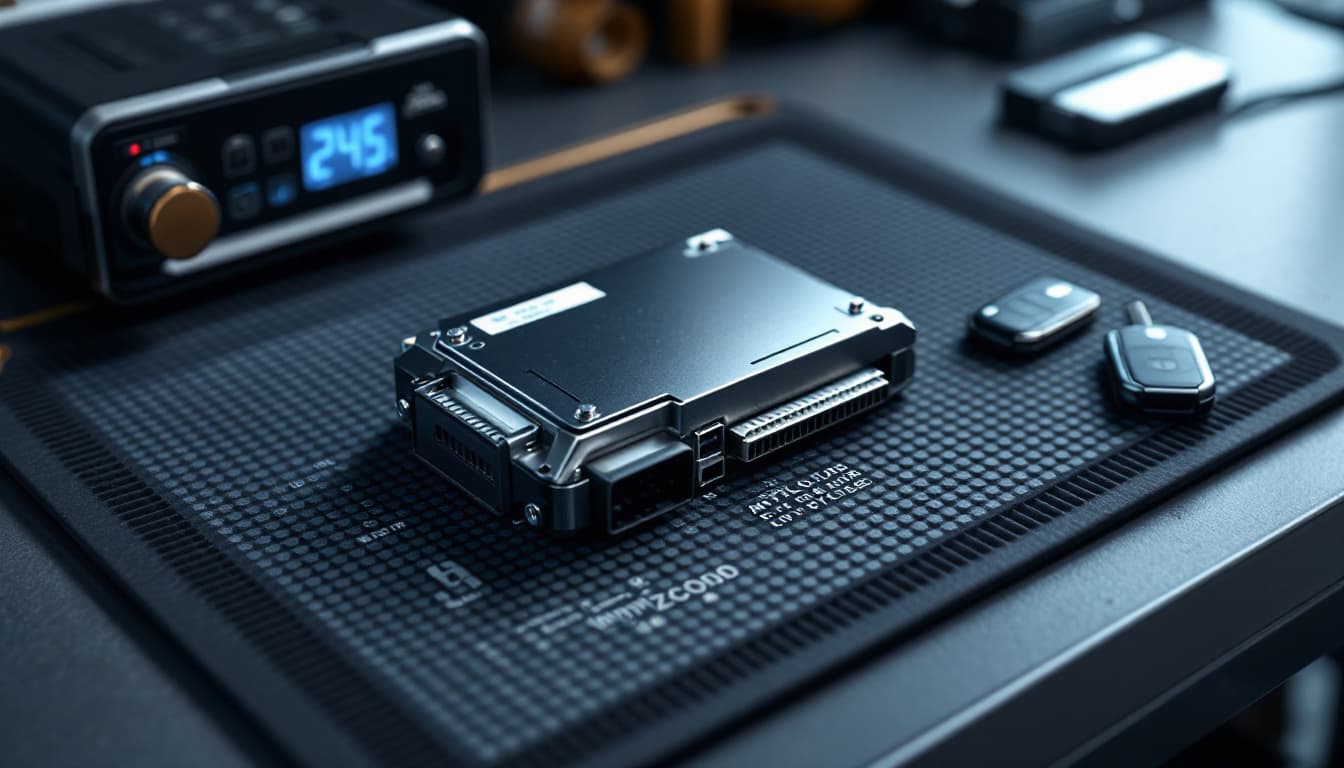 Automotive immobilizer control module on an anti-static mat beside a programming interface and a transponder key