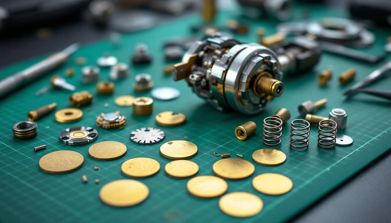 Automotive ignition lock cylinder and key wafers laid out on a locksmith work mat