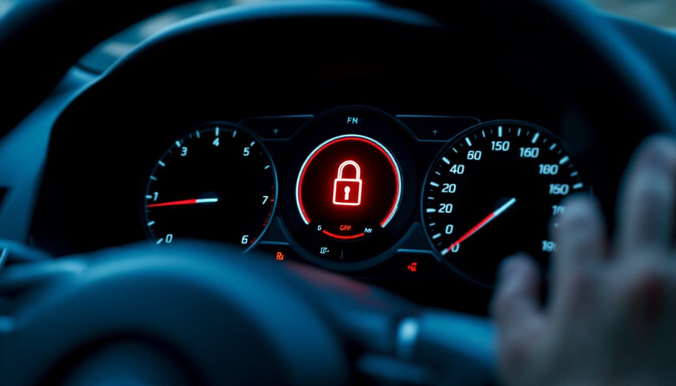 Car dashboard showing an illuminated red security warning light with a key symbol