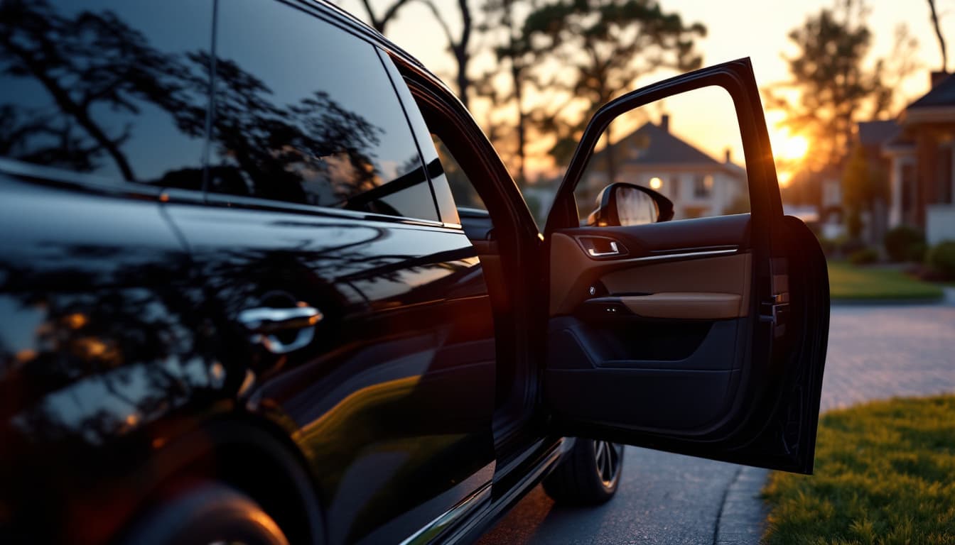 A dark luxury three-row SUV in a residential driveway at twilight with a smart key fob on the center console