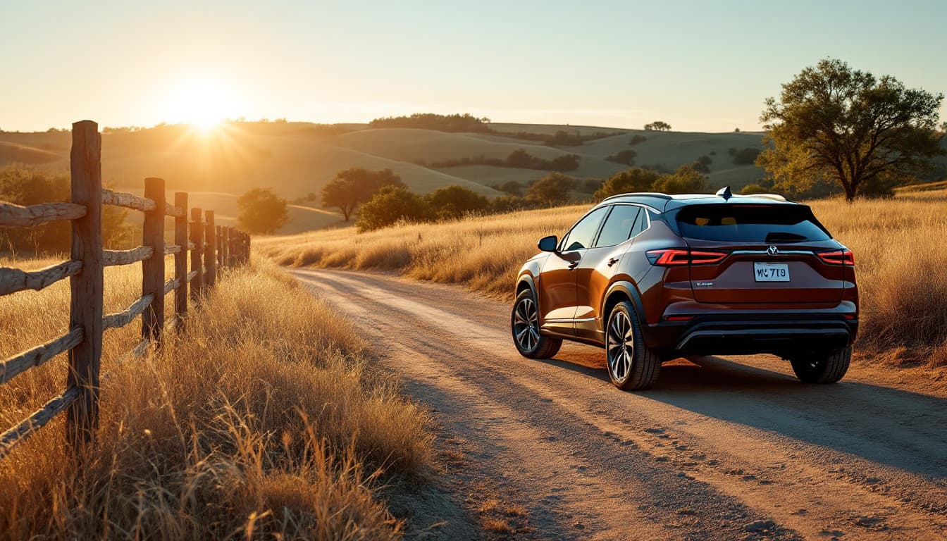 Compact SUV parked on a dirt trail beside a wooden fence in rolling Texas countryside