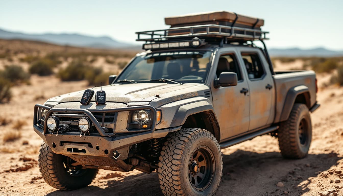 Open-top midsize pickup with removable roof panels parked on a dusty Texas trail with two key fobs on the hood