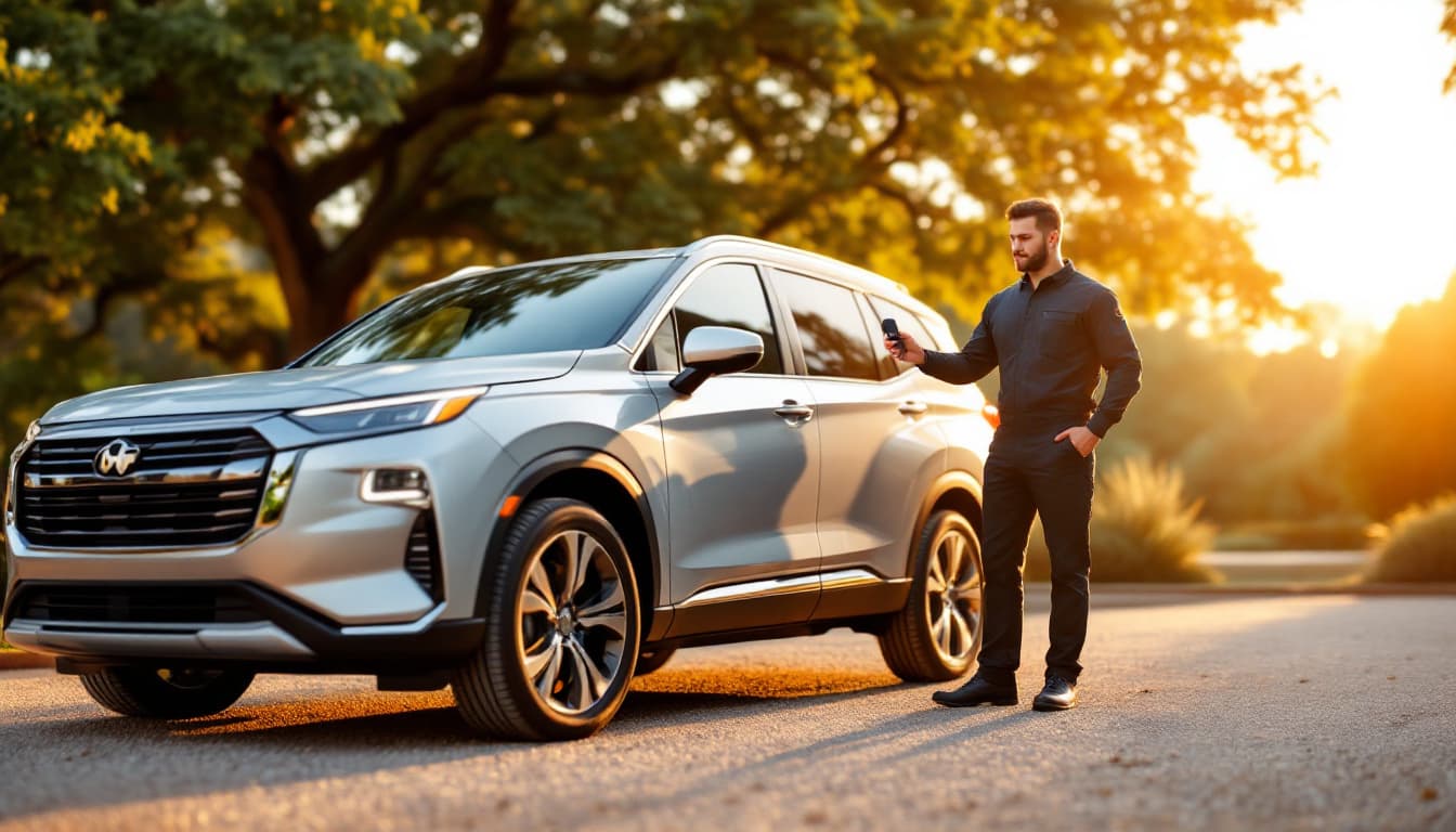 Silver mid-size SUV in a Benbrook driveway with a technician holding a remote key fob