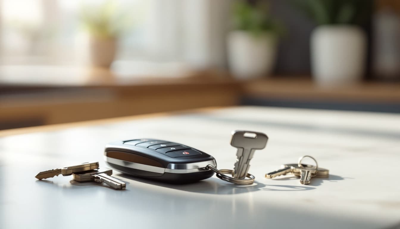 Two identical compact SUV key fobs resting side by side on a kitchen counter in morning light