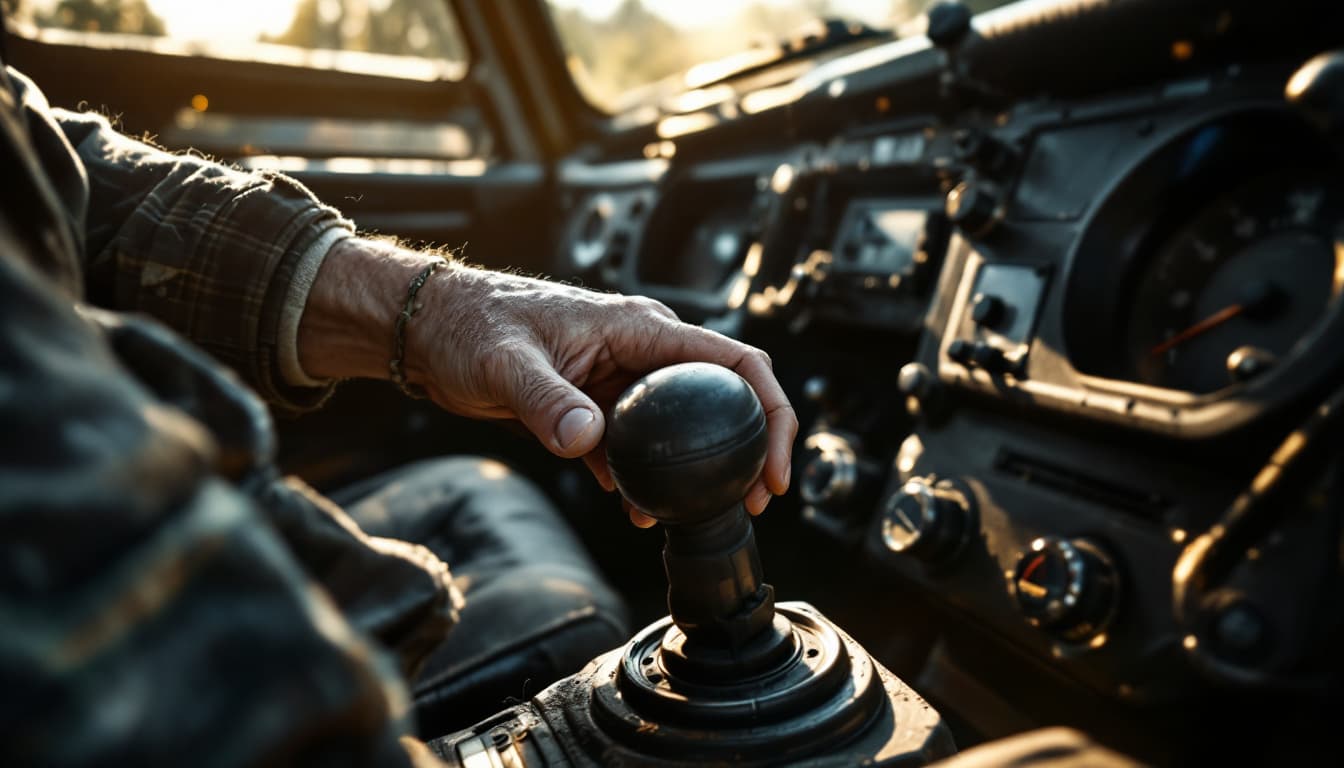 Hand turning a worn ignition key in the steering column of a rugged off-road SUV