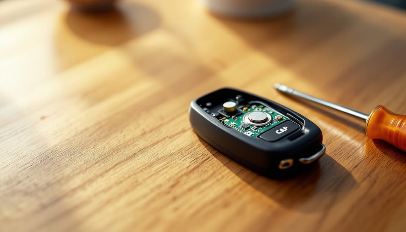 Opened car key fob showing the coin cell battery and circuit board on a table