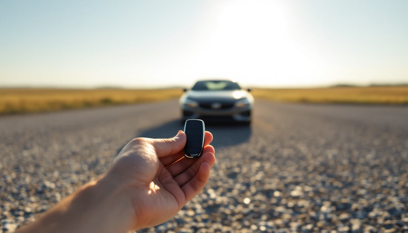 Hand holding a car remote at arm length toward a parked vehicle across an open gravel lot in rural Texas