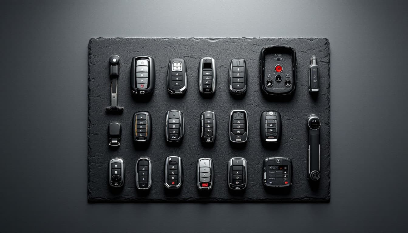 Assortment of modern car key fobs arranged on a dark slate surface beside a programming tool