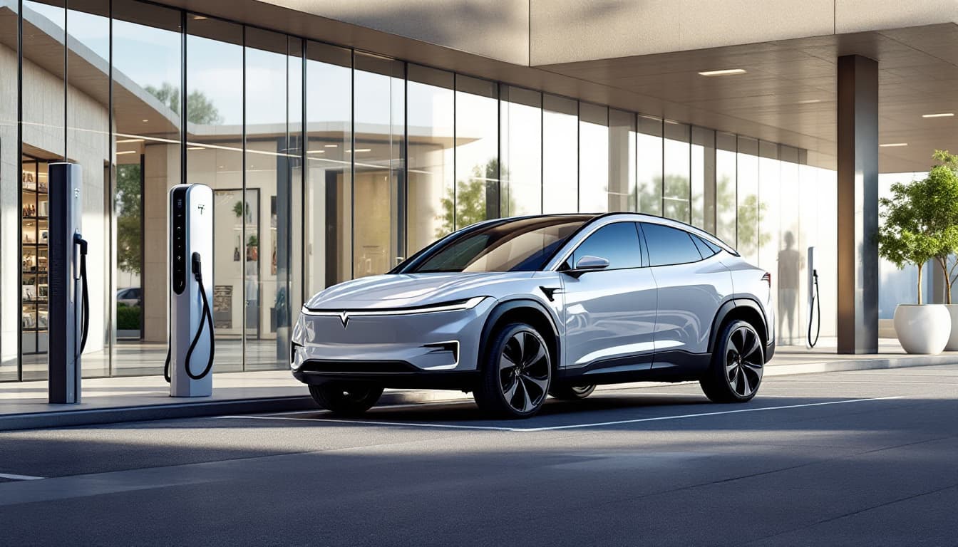 Modern electric crossover parked beside a charging post at a shopping center in soft daylight
