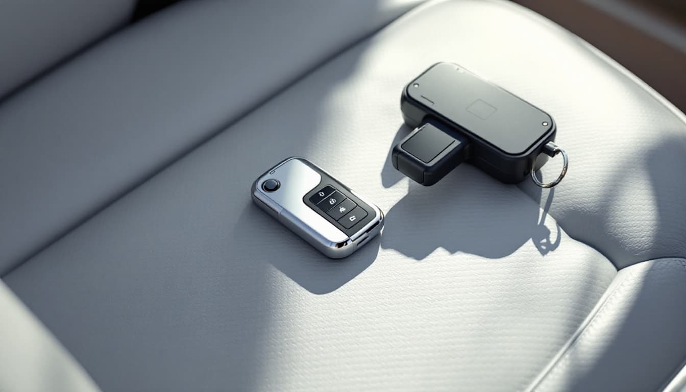 Kia smart key fob and transponder key on a car seat next to a programming device