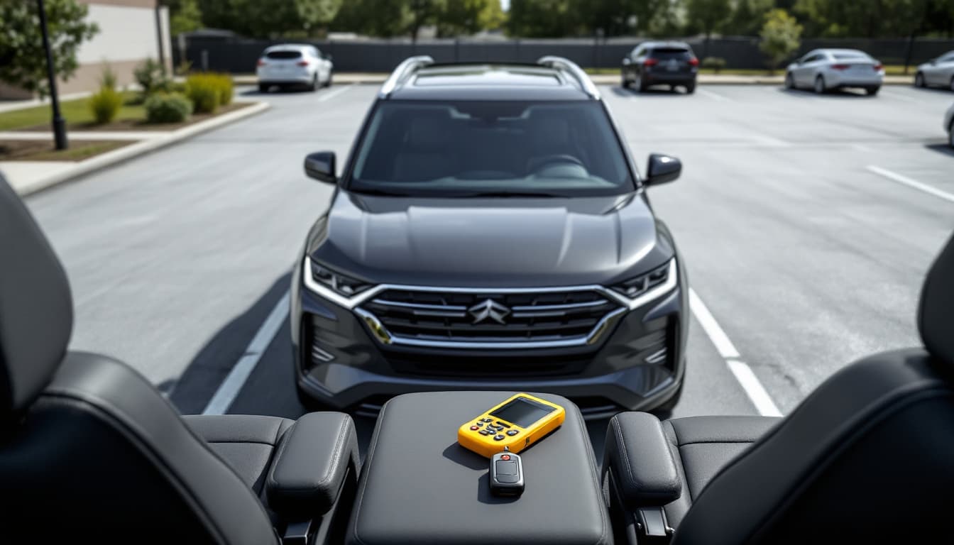 Charcoal three-row family SUV with a smart key fob and a handheld diagnostic tool on the passenger seat