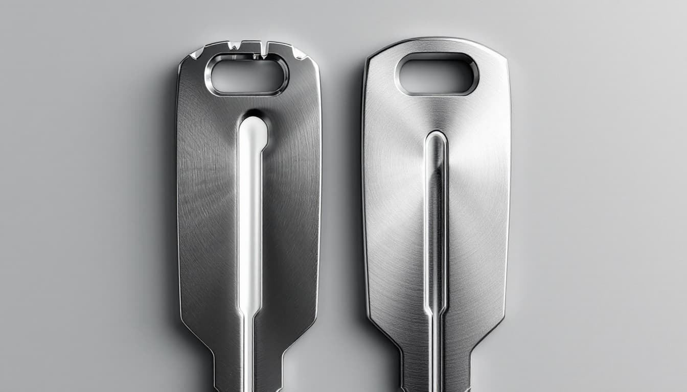 Close-up comparison of a laser-cut sidewinder key blade next to a traditional edge-cut car key