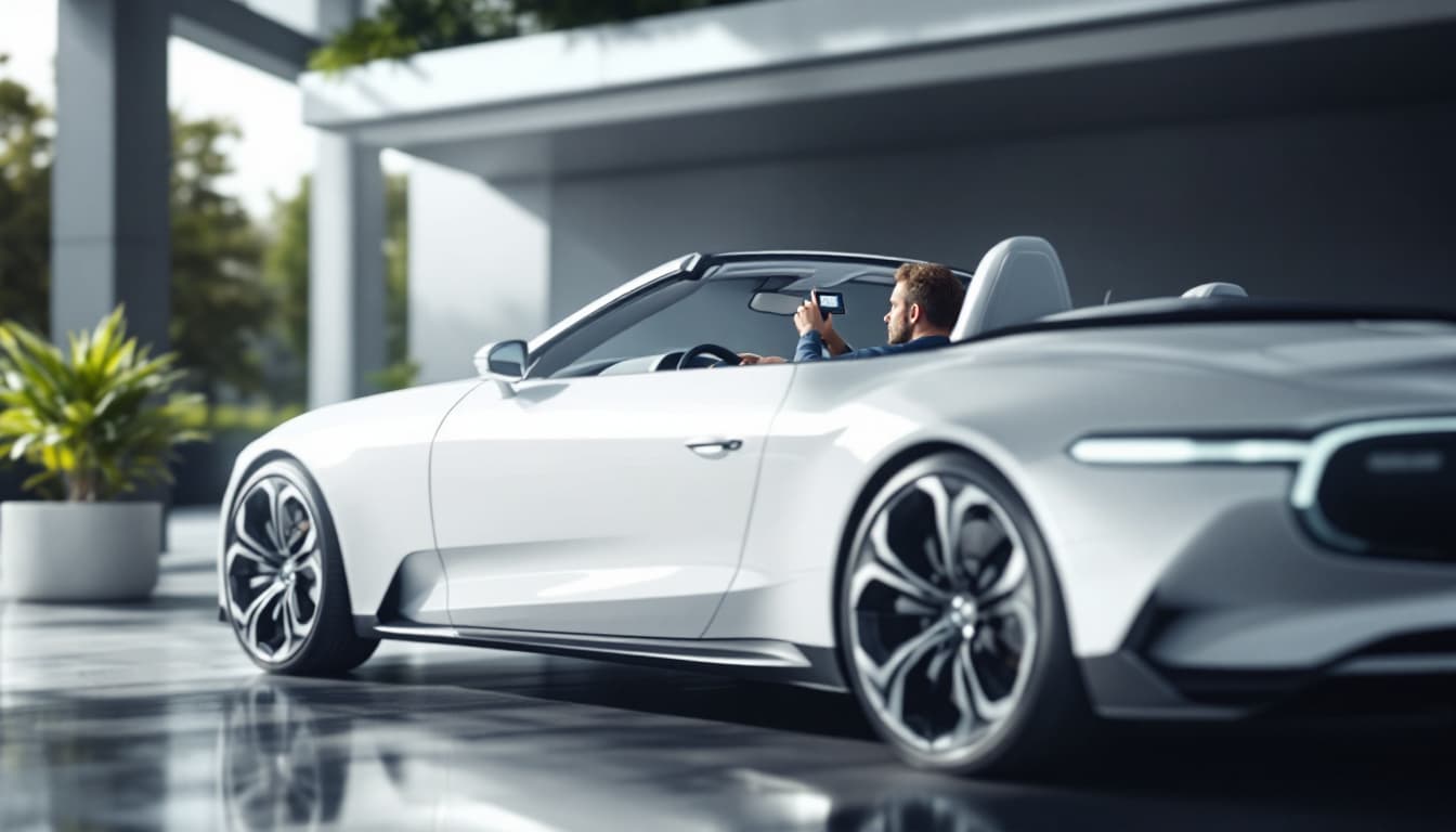 Pearl white luxury sedan under a carport with a technician using a programming tool below the dashboard