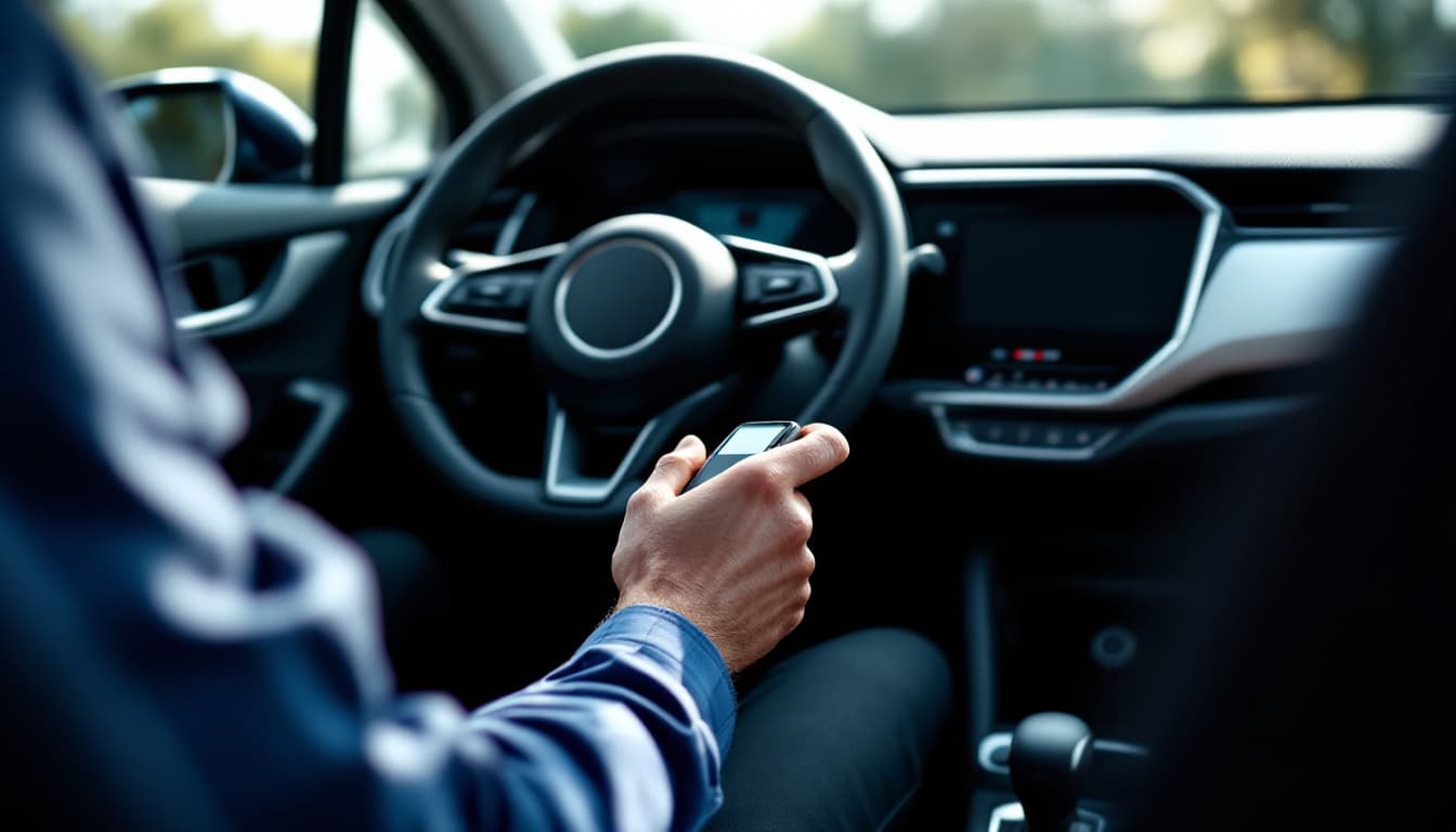 Interior view of a compact crossover steering column and start button with a diagnostic tool on the seat