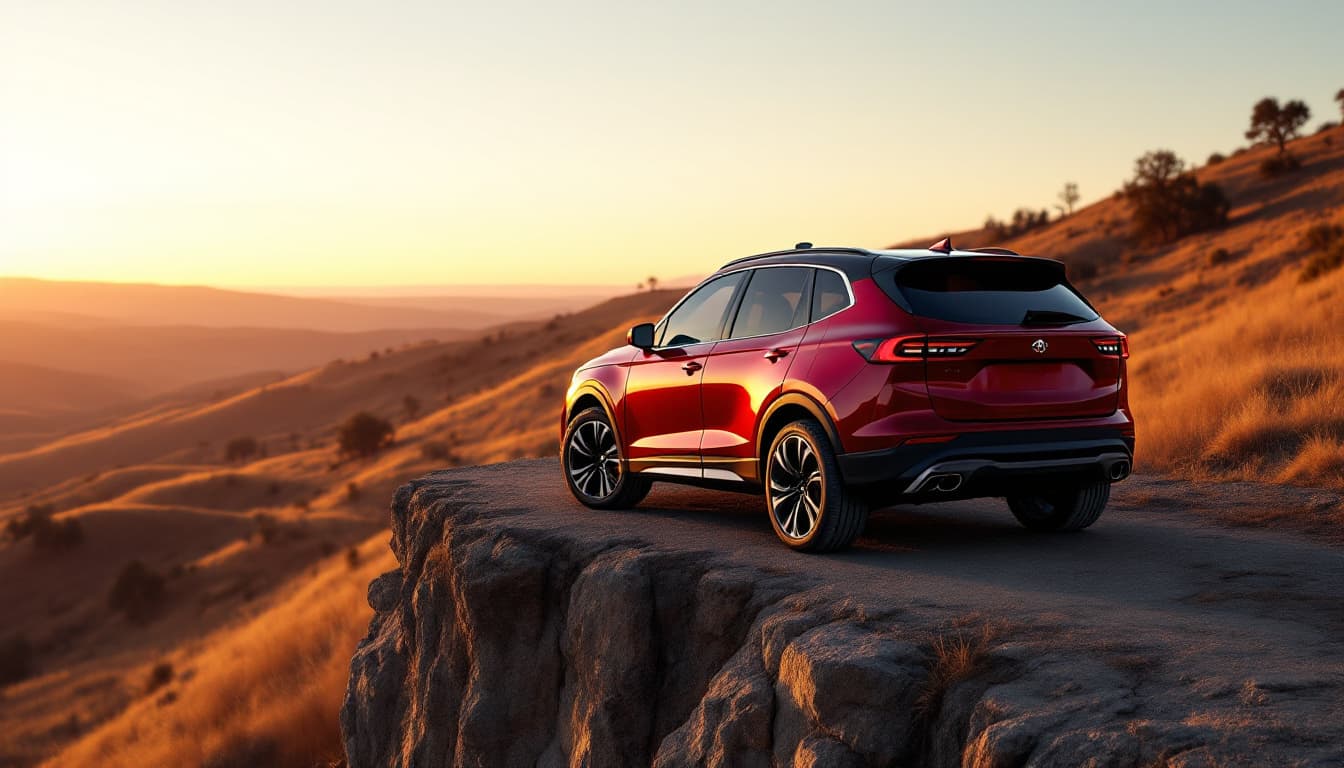 Deep red crossover SUV parked on a scenic overlook with hill country in the background at sunset