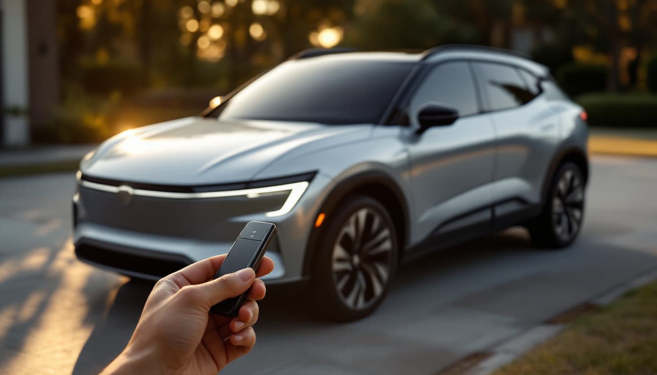 Mazda smart key fob held in front of a crossover SUV parked in a Texas driveway