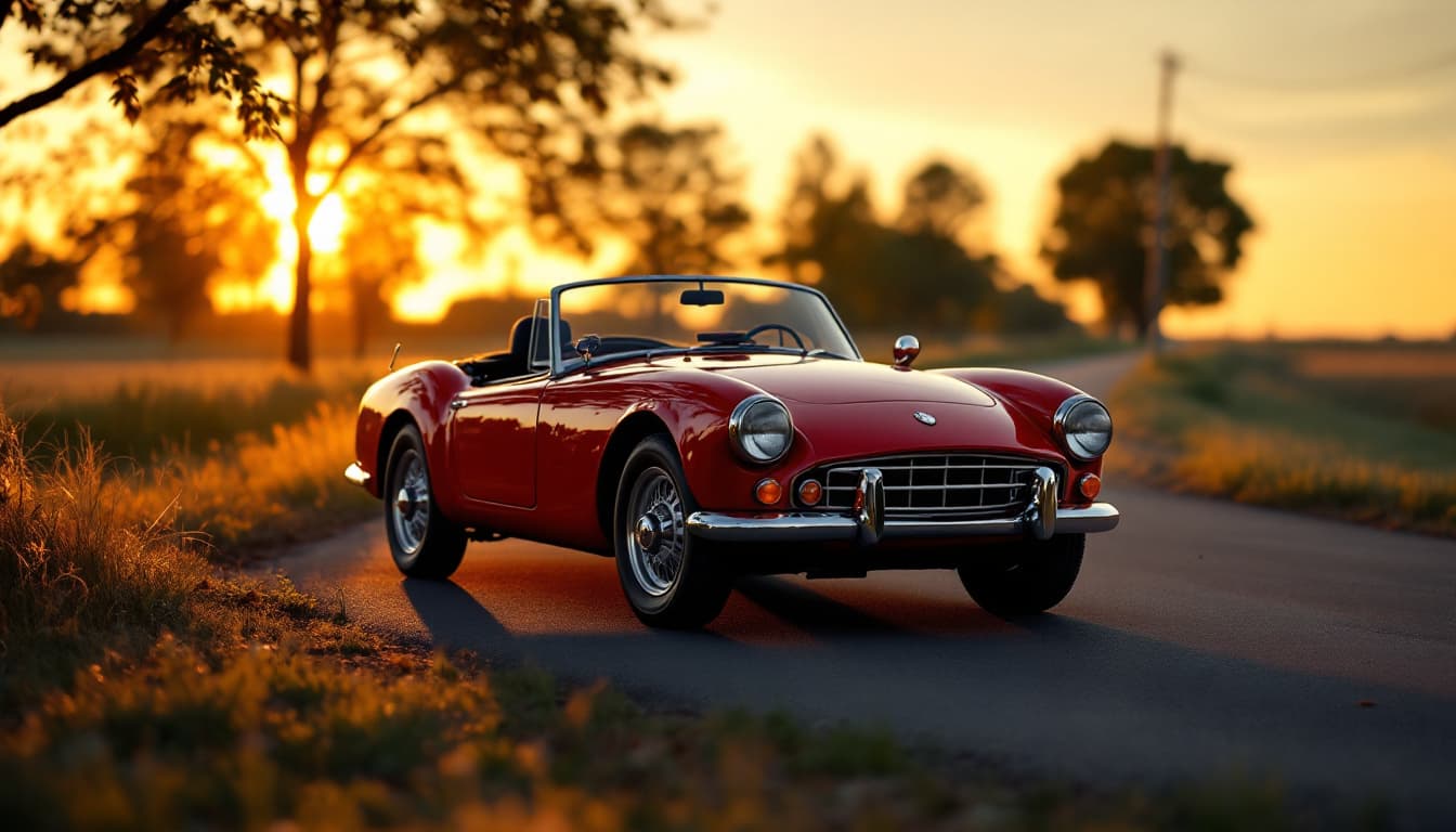 Small red two-seat convertible roadster parked on a country road shoulder at sunset