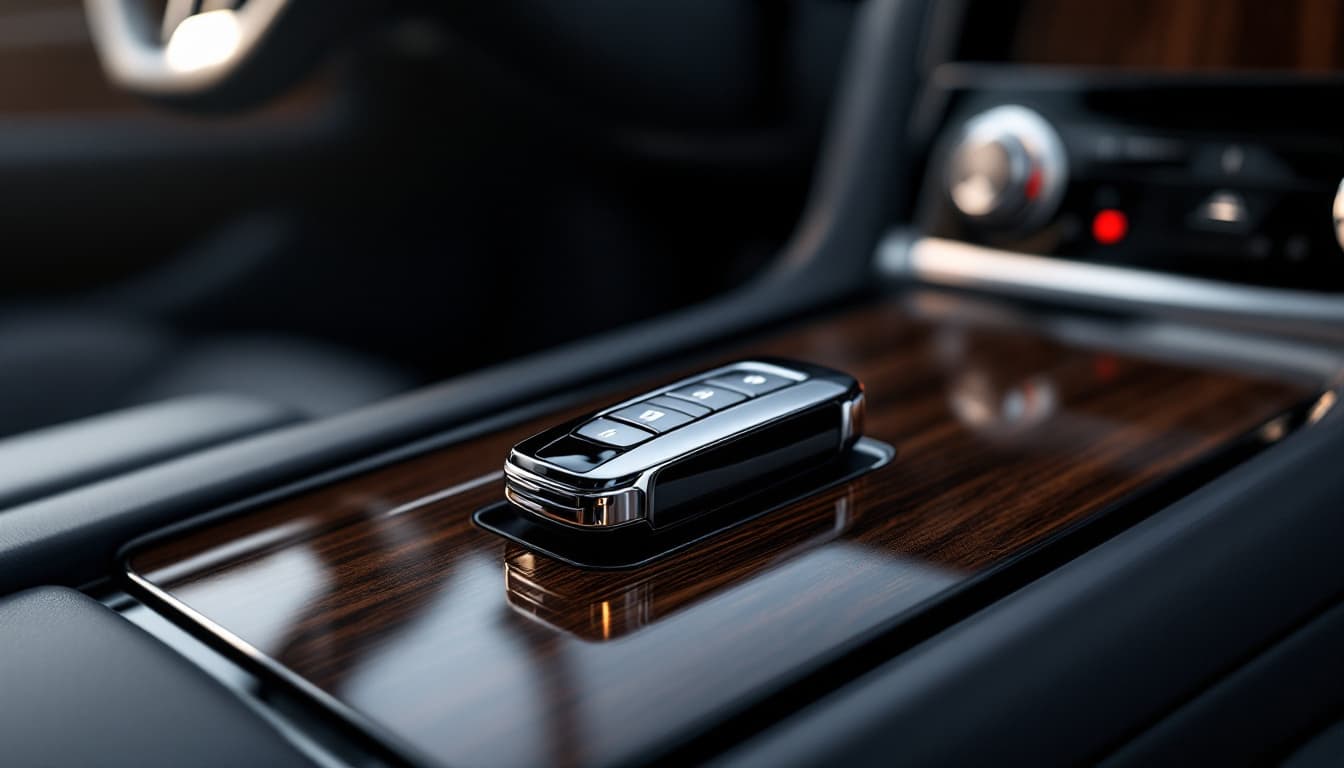 Mercedes-Benz chrome key fob resting on a luxury car console during a locksmith visit