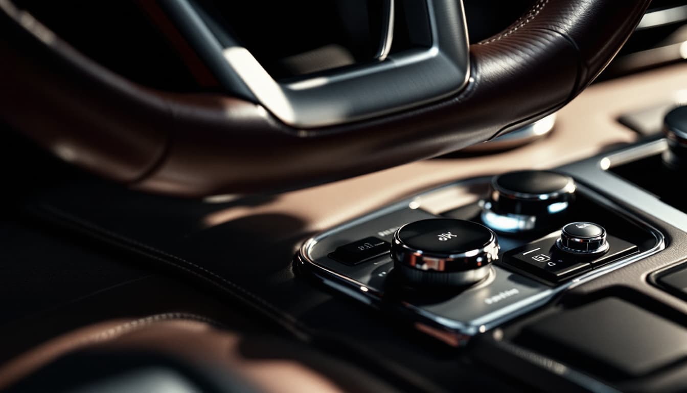 Close-up of a German luxury sedan steering column and ignition area in leather and brushed aluminum