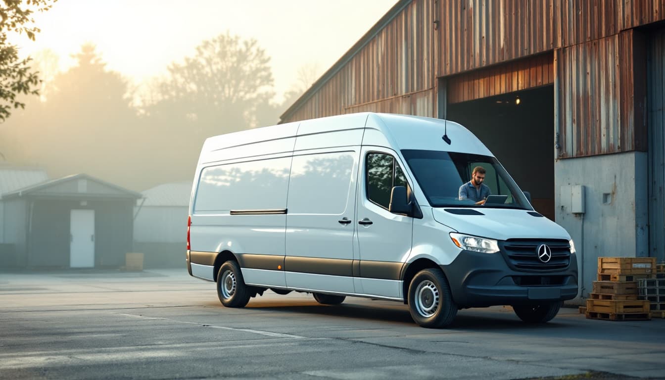 Tall white European-style commercial van at a rural loading dock with a technician at the open driver door