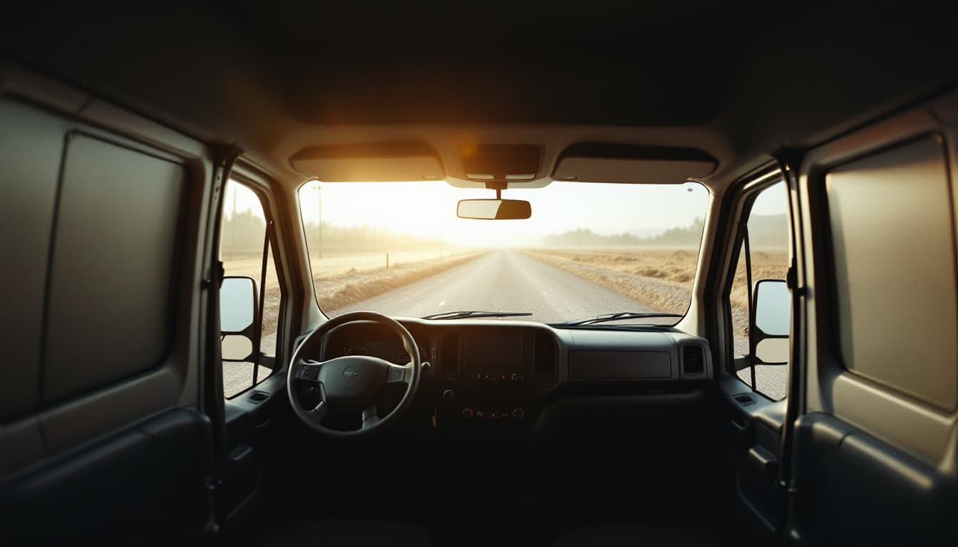 View from inside a high-roof cargo van cab looking through the windshield at an empty rural road at sunrise