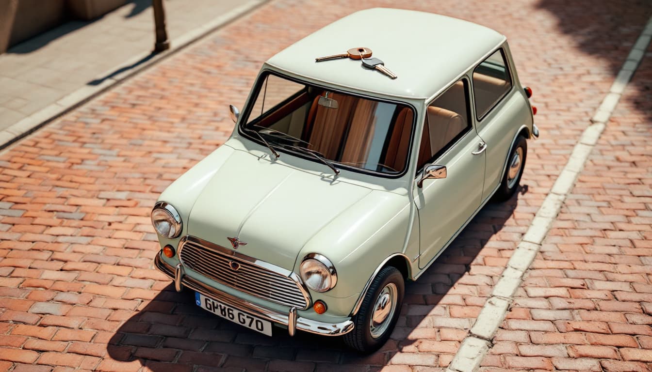 A small round-headlight British hatchback parked on a brick street with a chunky oval car key on the roof