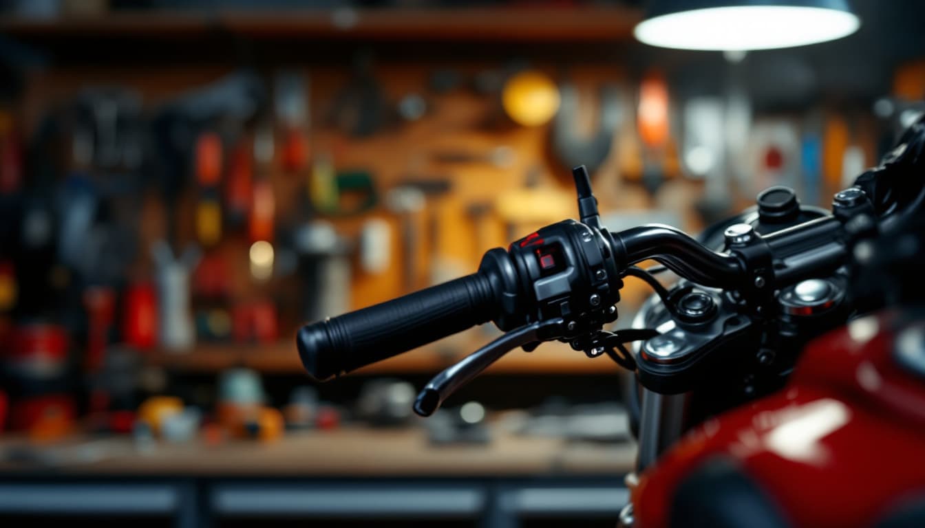 Close-up of a motorcycle ignition switch and handlebars in a home garage under task lighting