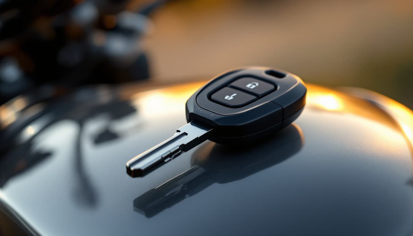A sport motorcycle key with a black chip head resting on a fuel tank in warm afternoon light