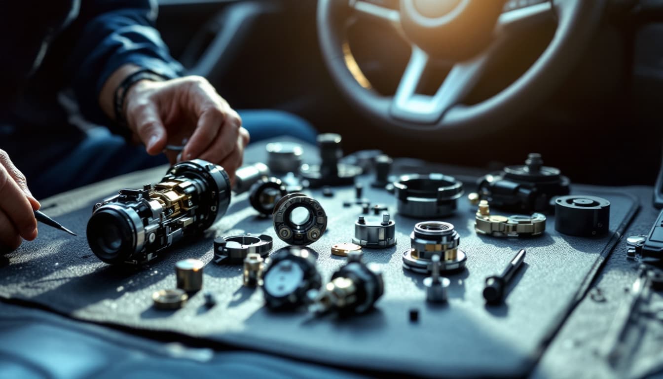 Disassembled ignition lock cylinder and steering column trim laid out on a mat inside a sedan cabin