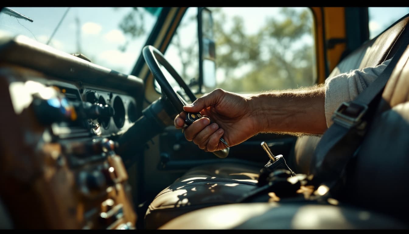Work-worn pickup truck interior with a key in the ignition and a small screwdriver set on the seat