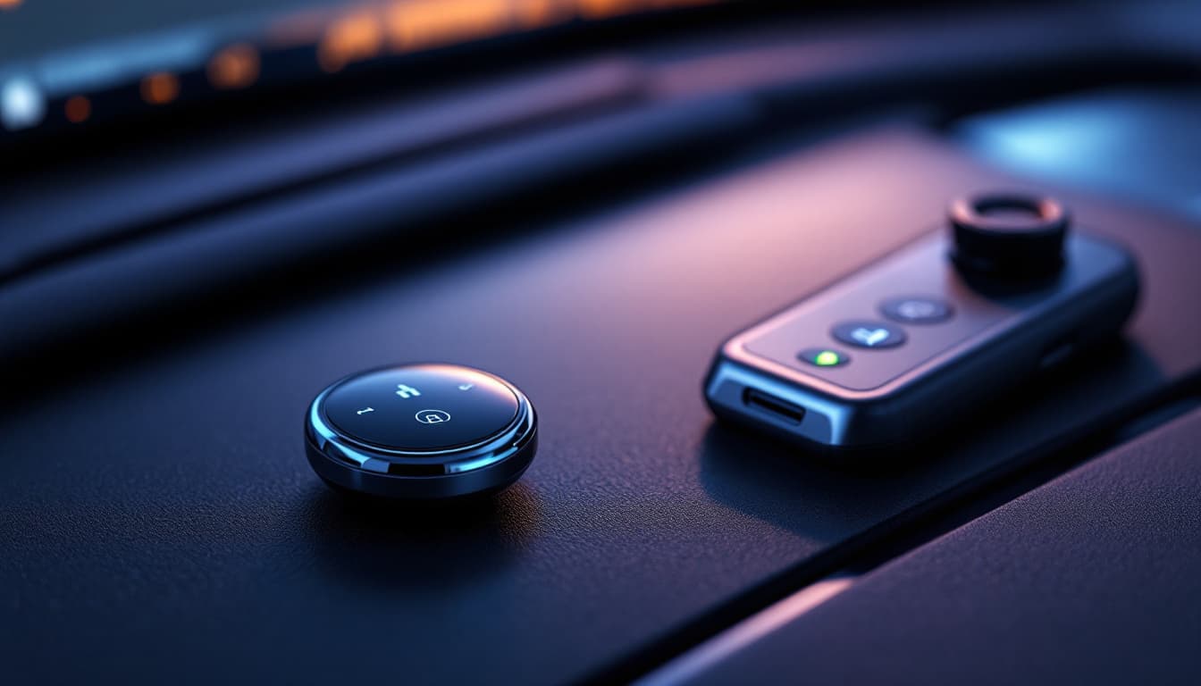 Nissan Intelligent Key fob on a car dashboard beside a diagnostic scan tool