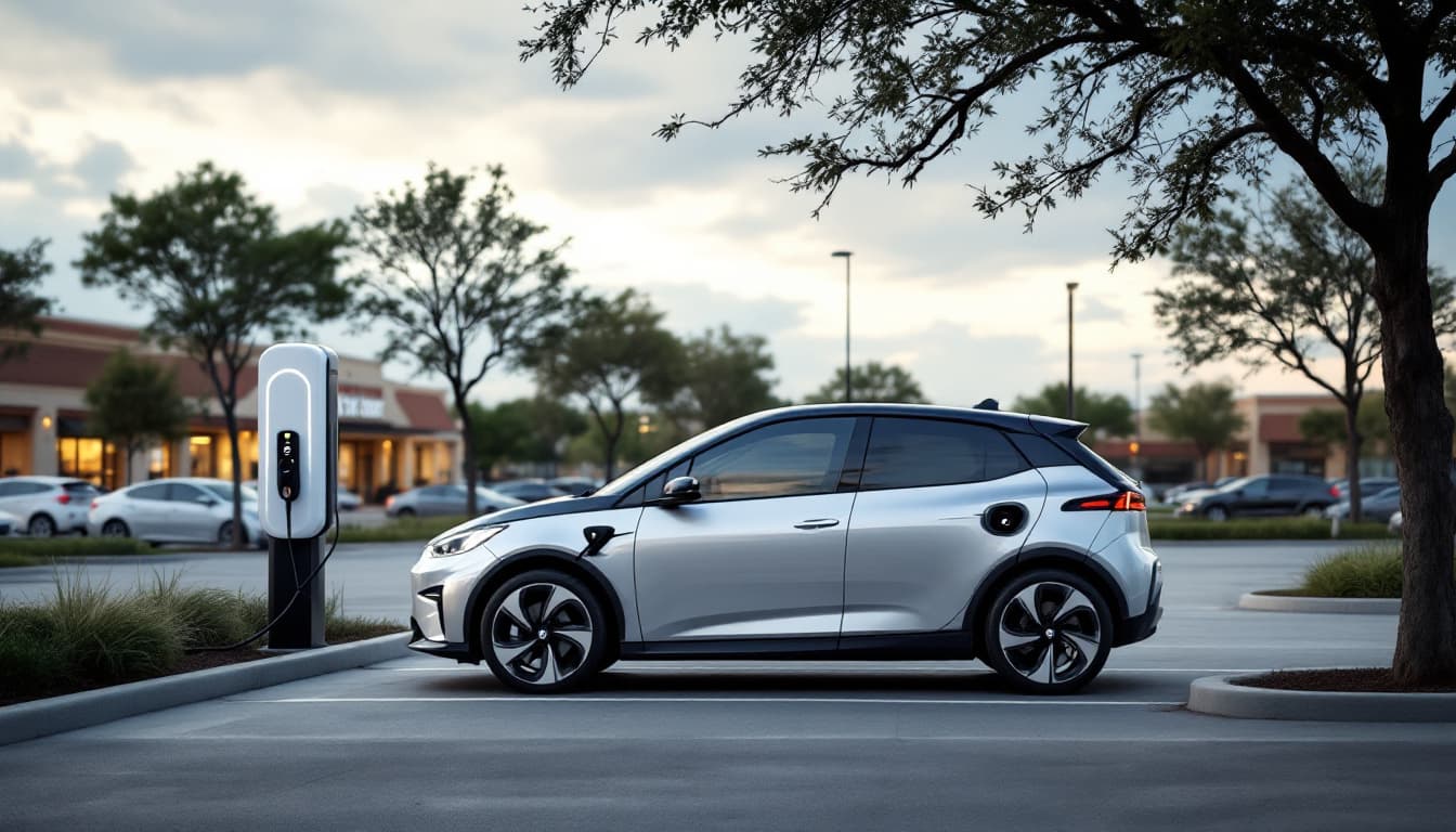 Compact electric hatchback parked beside a public charging station in a Texas suburb with a key fob on the charge port cover