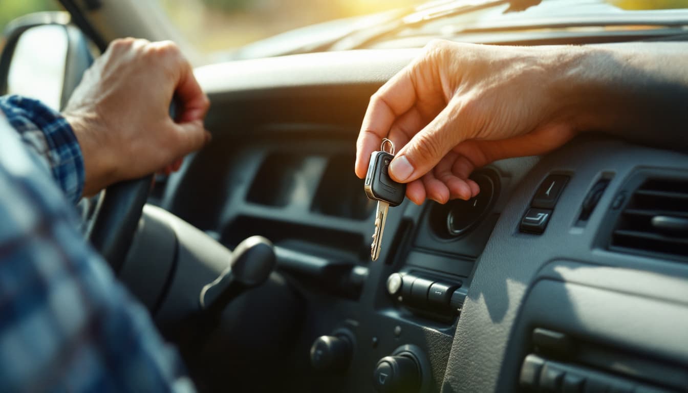 Close-up of a steering column and ignition switch inside an older SUV with a worn key inserted, natural daylight through the windshield